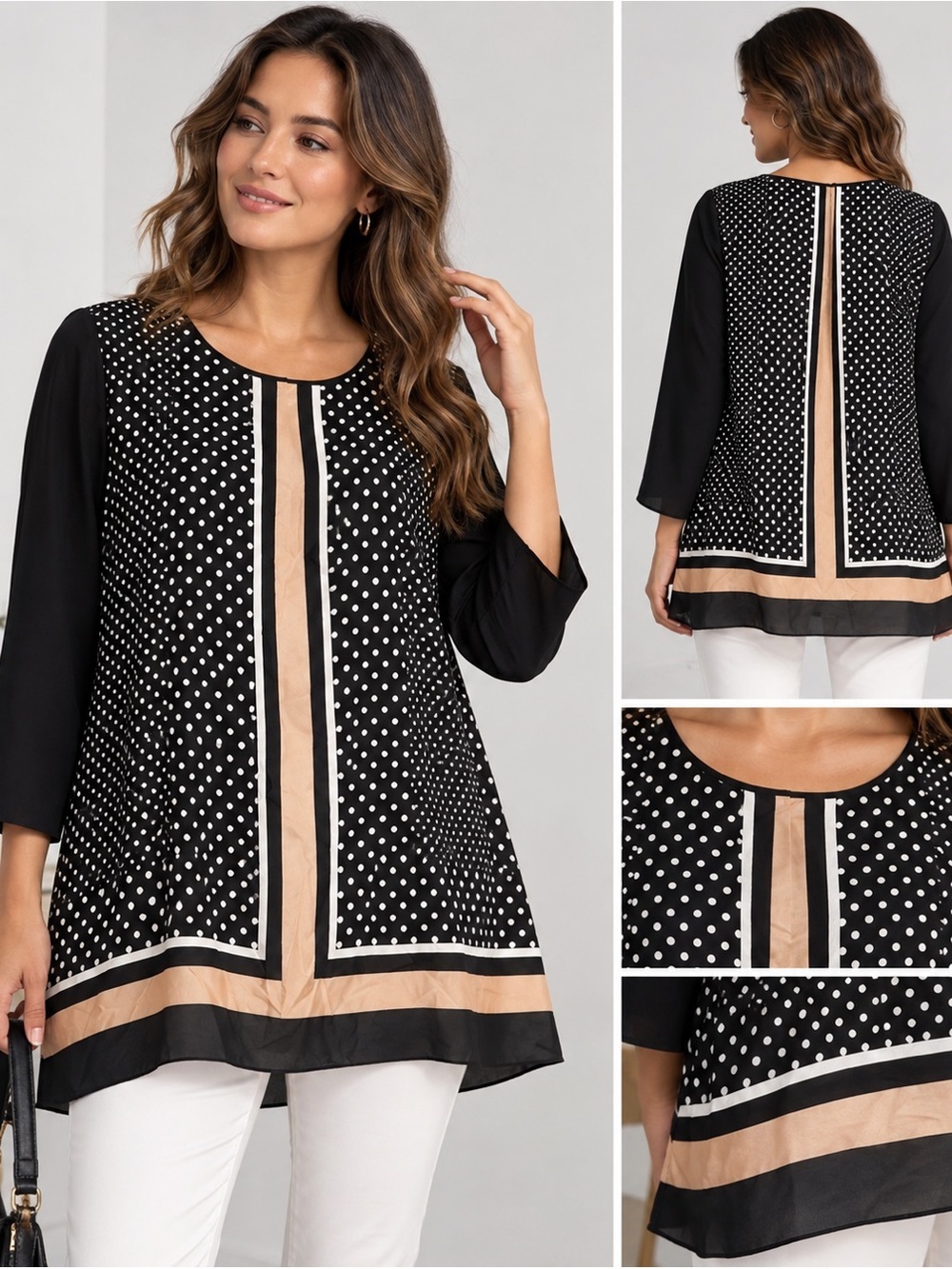 Ann Taylor Polka Dot Geometric Print Blouse‎ Size 4 Black Beige Long Sleeve Top